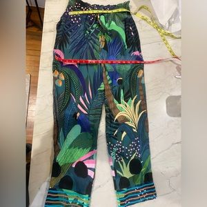Farm Rio tropical print pants with beaded tie, size S